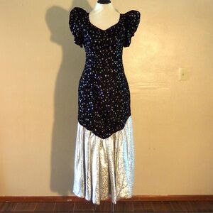 Vintage 80s HUGE Puff Sleeve Party Prom Dress Velvet black and silver